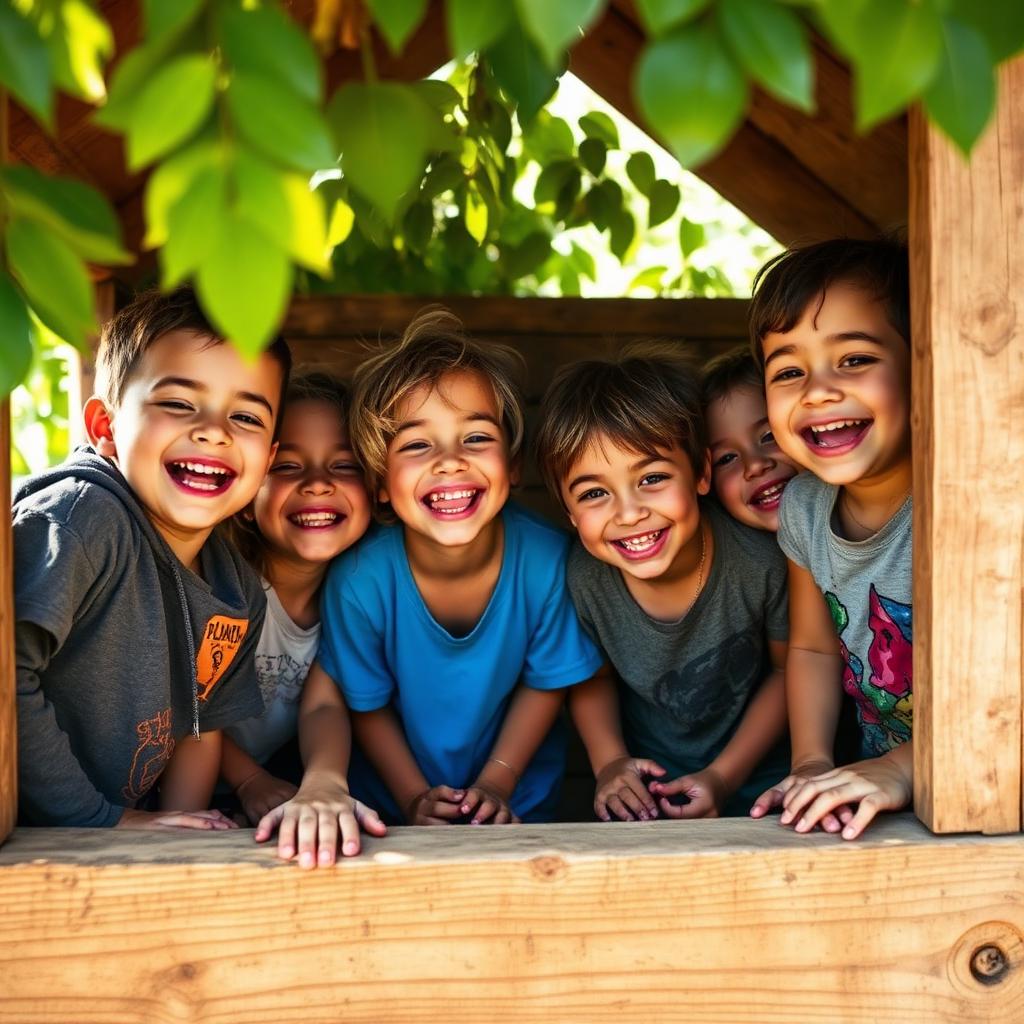 Children laughing inside a wooden cubby house